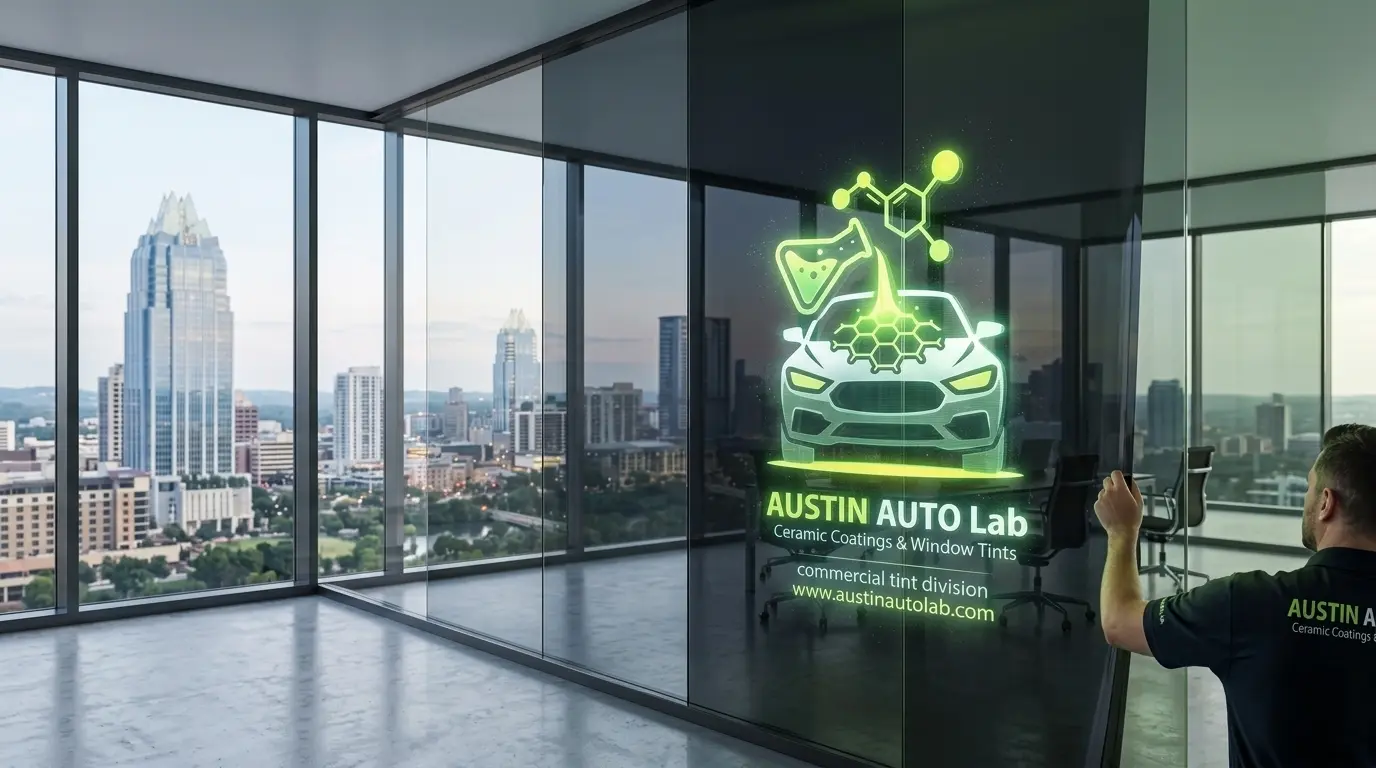 commercial window tinting job highlighting Austin Auto Lab's logo